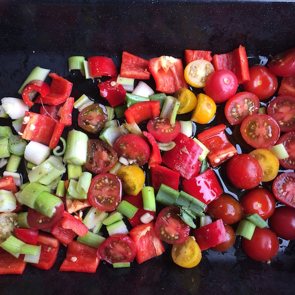 Tomatoes drizzled in tray