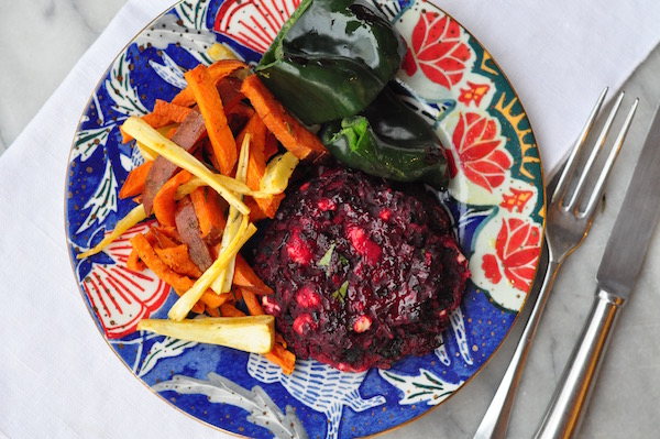 beetroot burger overhead colourful plate