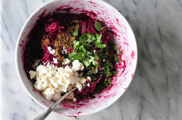 grated beets with spices and feta