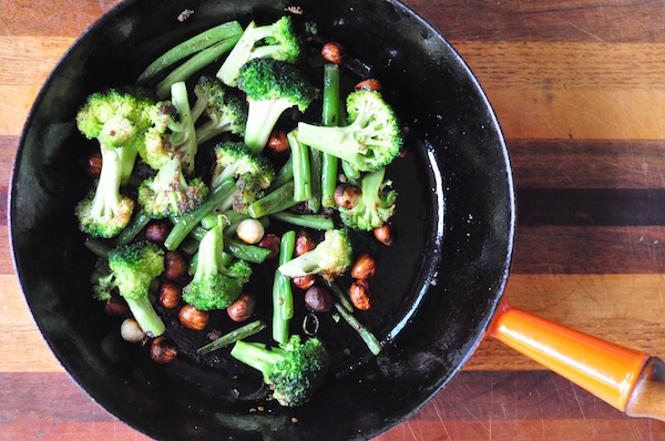 overhead sauteeing broc and green beans