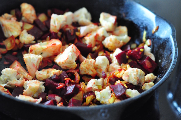 sauteeing beetroot and cauli