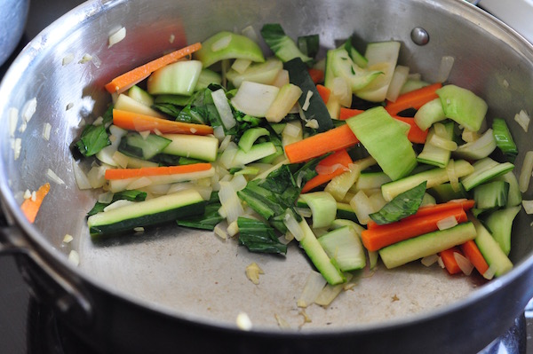stir frying veg pushed aside