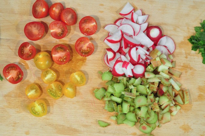 chopped tomatoes and rhubarb overhead